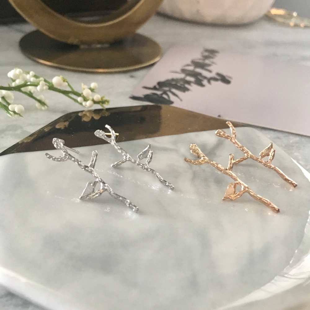 Bird on Branch Gold or Silver Minimalist Earrings - Picture 2 of 8